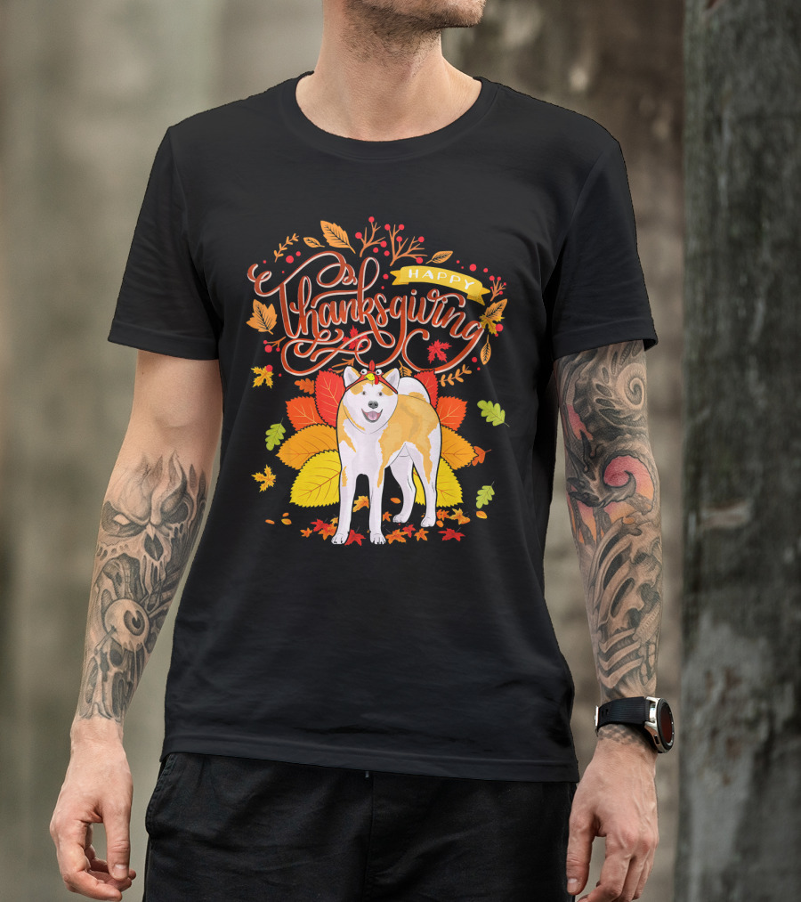 Happy Thanksgiving Akita Dog With Turkey Hat And Fall Leaves T-Shirt