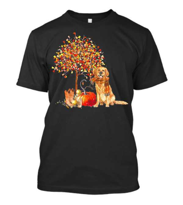 Golden Retriever Scarf Fall Pumpkins Leaves Tree T-Shirt