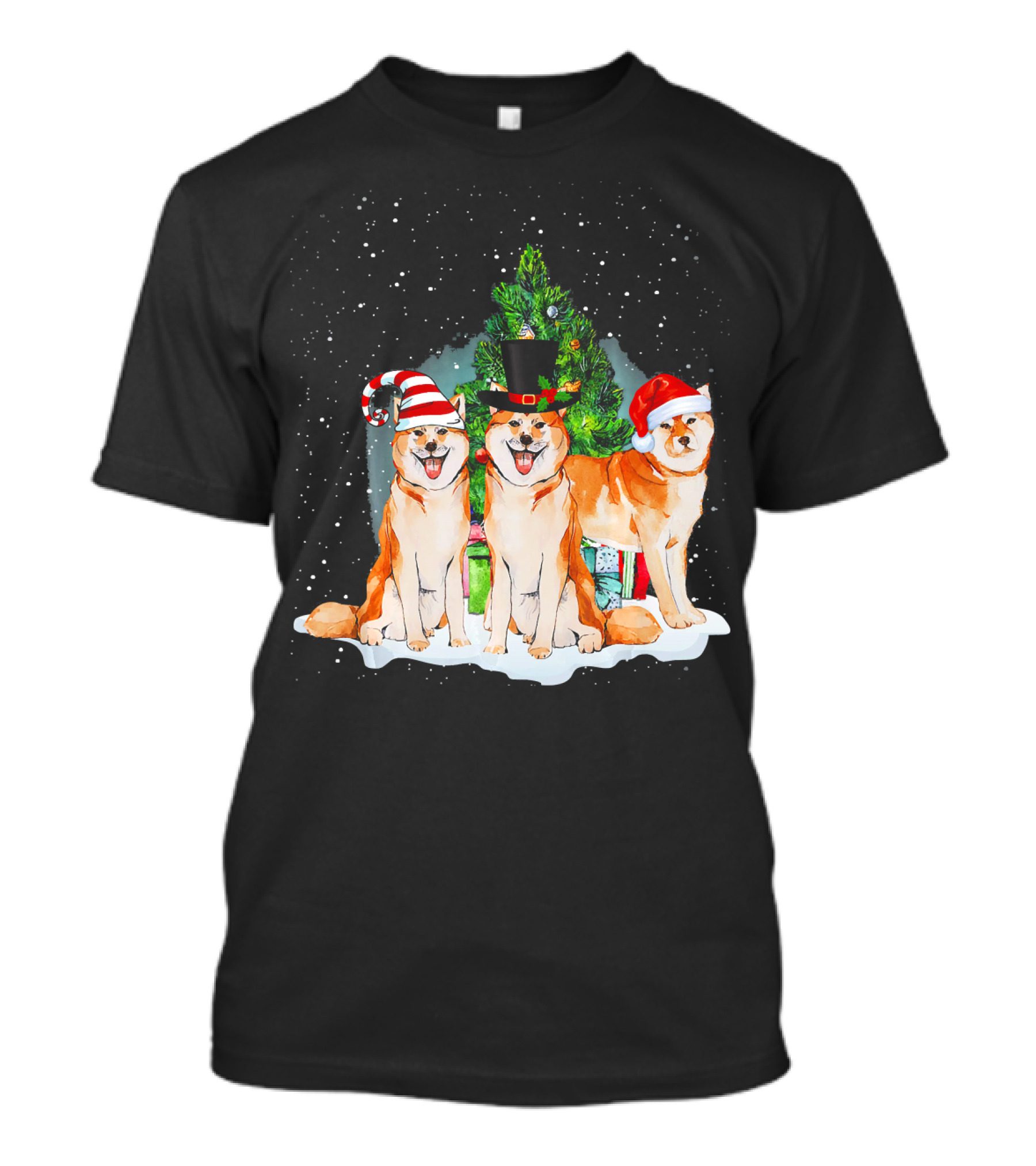 Christmas Santa Akita Inu Snowy Festive Scene With Hats And Tree T-Shirt