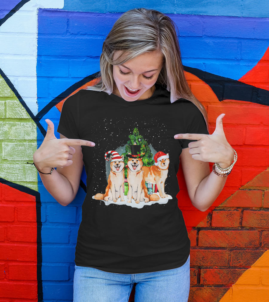 Christmas Santa Akita Inu Snowy Festive Scene With Hats And Tree T-Shirt