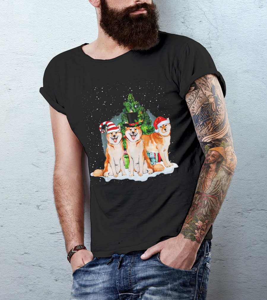 Christmas Santa Akita Inu Snowy Festive Scene With Hats And Tree T-Shirt