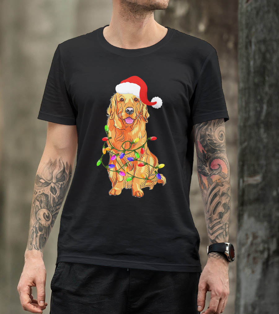 Golden Retriever Christmas Lights Cute Dog With Santa Hat T-Shirt