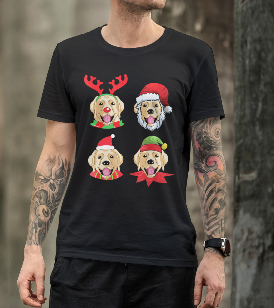 Cute Golden Labrador Christmas Reindeer Santa Elf Hats T-Shirt