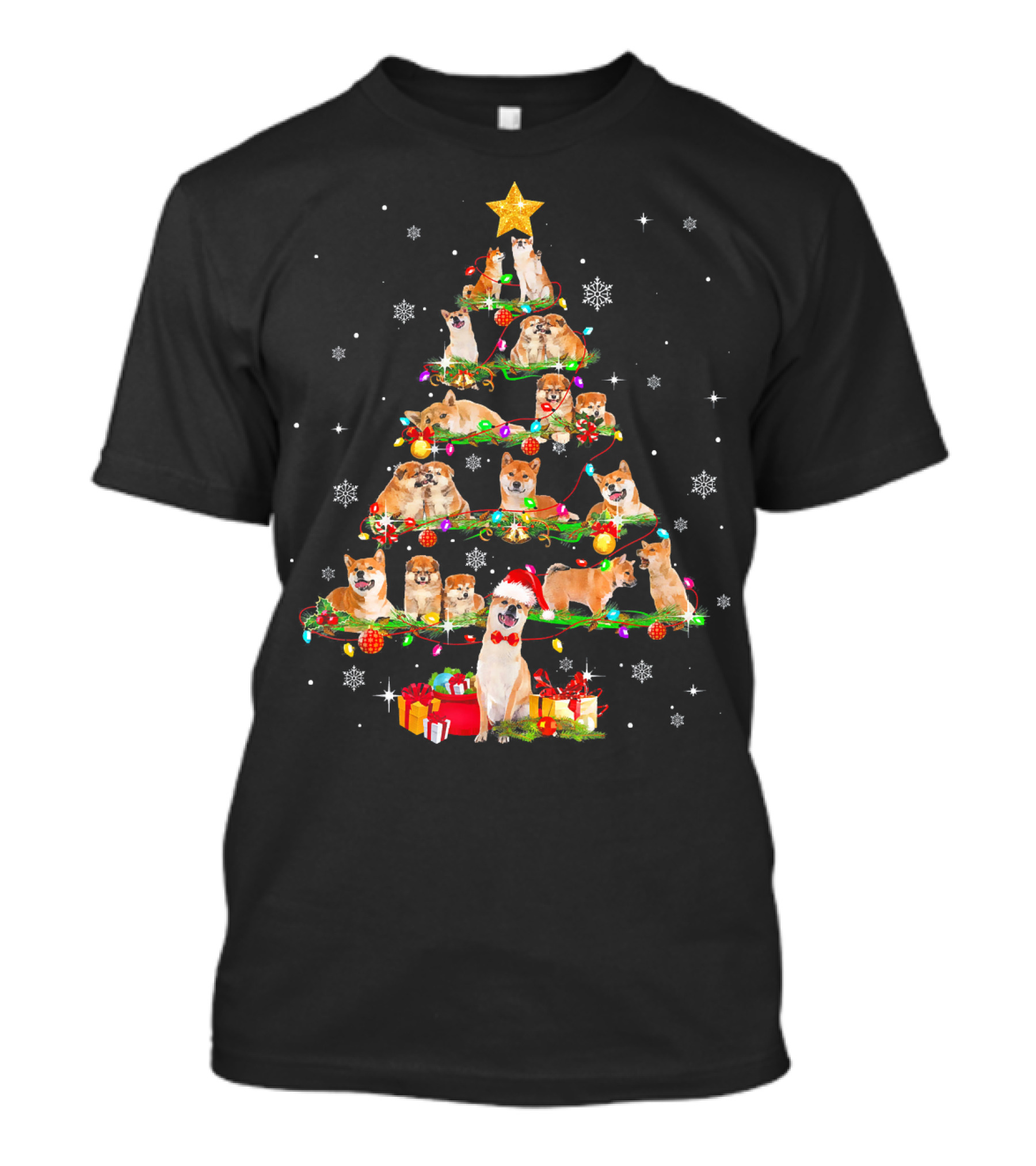 Akita Shiba Inu Christmas Tree With Santa Hat And Paws T-Shirt