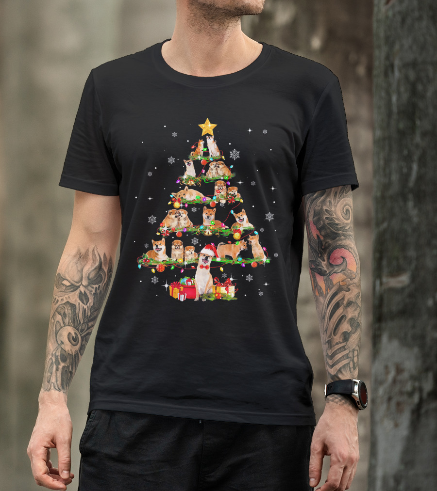 Akita Shiba Inu Christmas Tree With Santa Hat And Paws T-Shirt