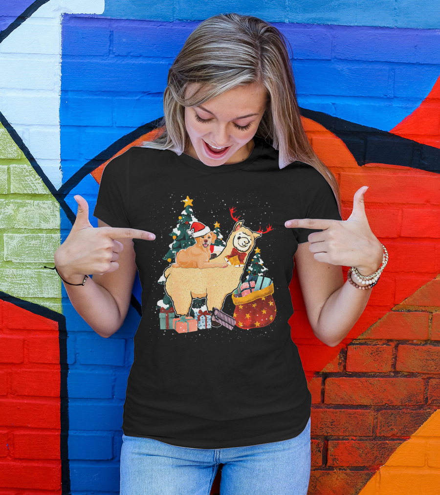Golden Retriever Santa Riding Llama With Gifts And Christmas Trees T-Shirt