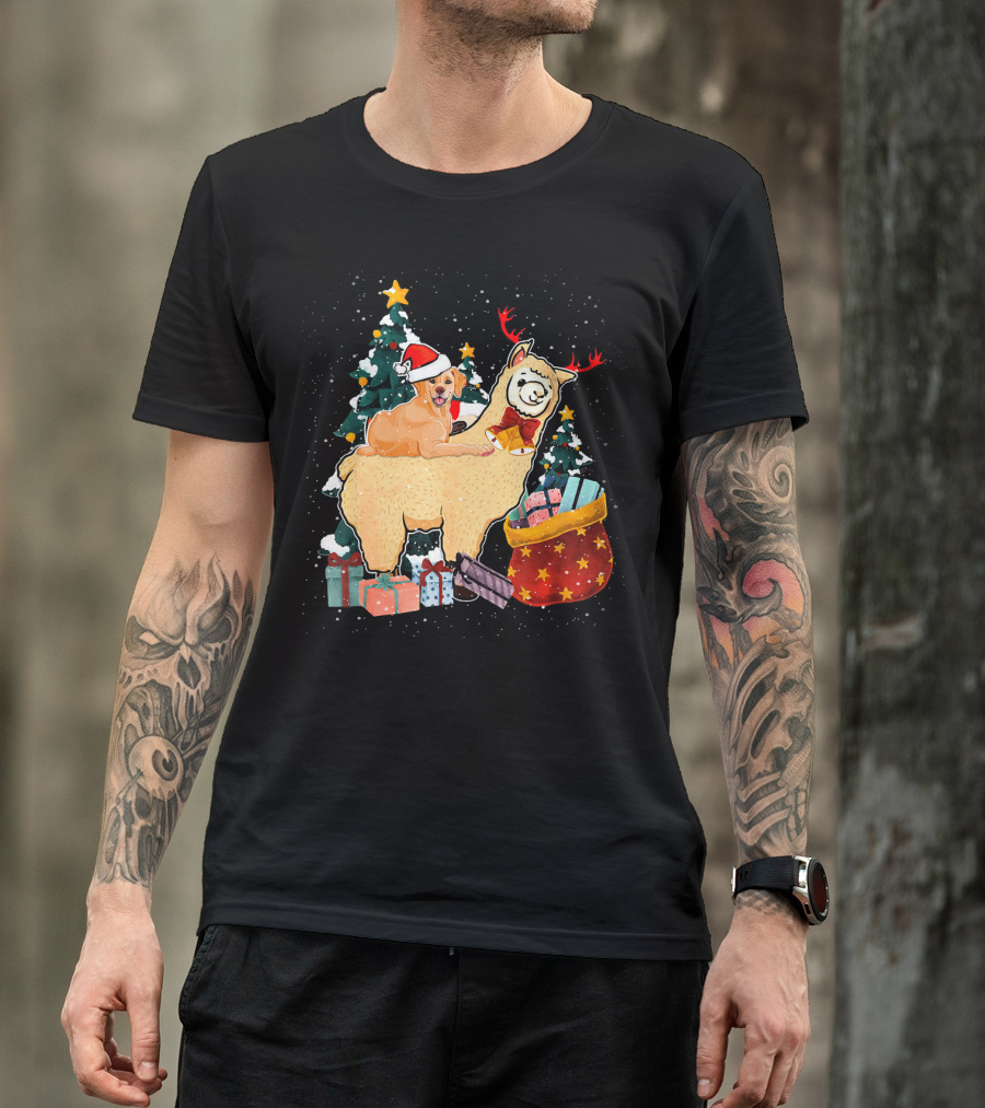 Golden Retriever Santa Riding Llama With Gifts And Christmas Trees T-Shirt
