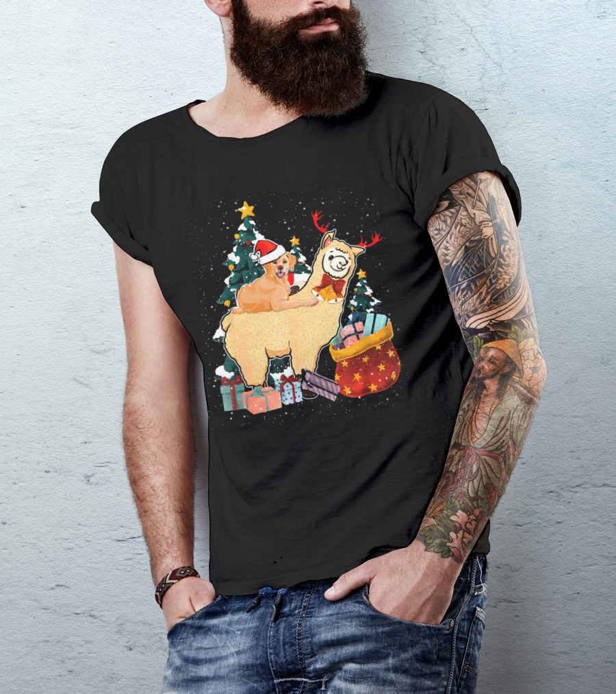 Golden Retriever Santa Riding Llama With Gifts And Christmas Trees T-Shirt