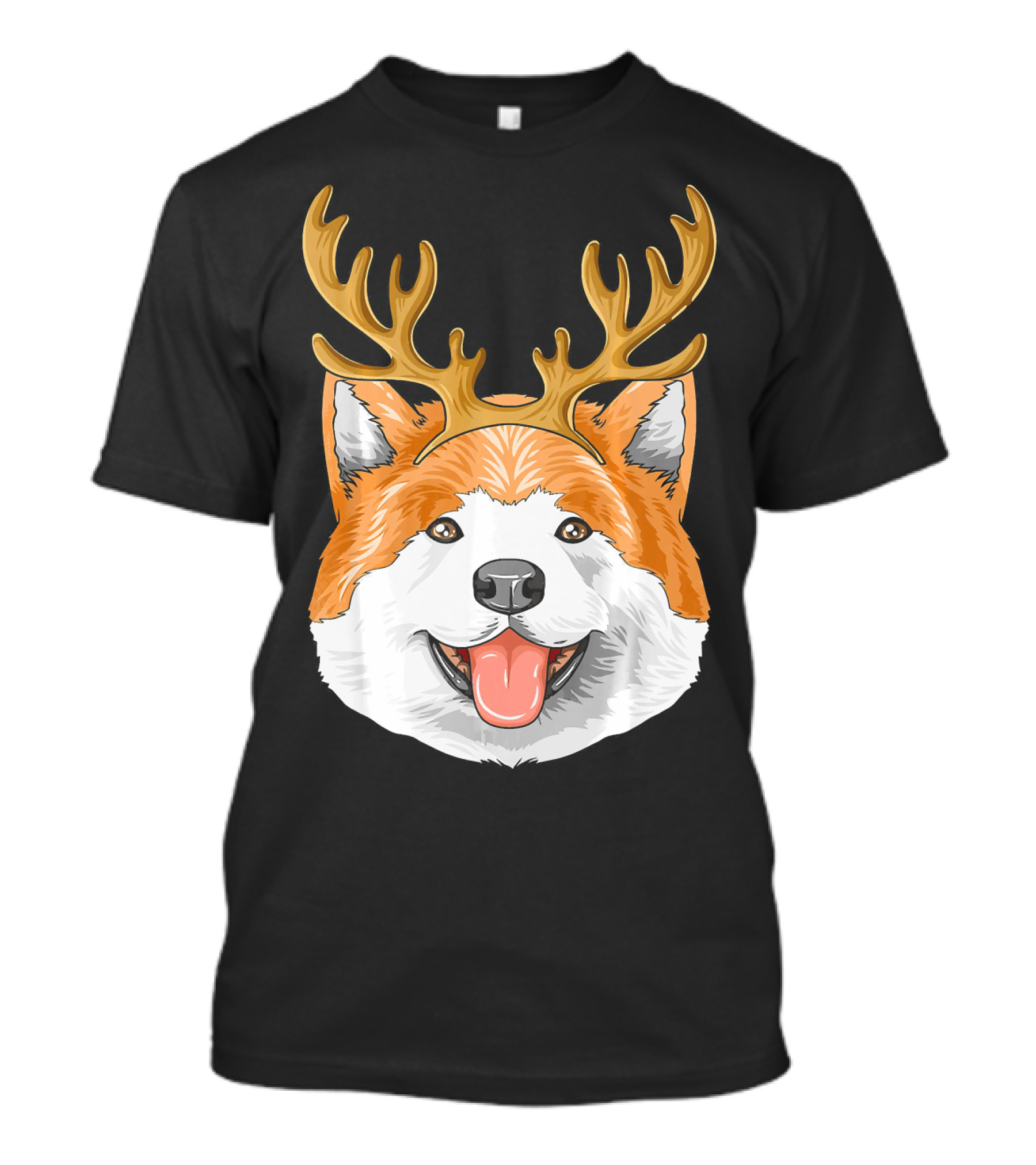Akita Dog With Reindeer Antlers Christmas Holiday T-Shirt