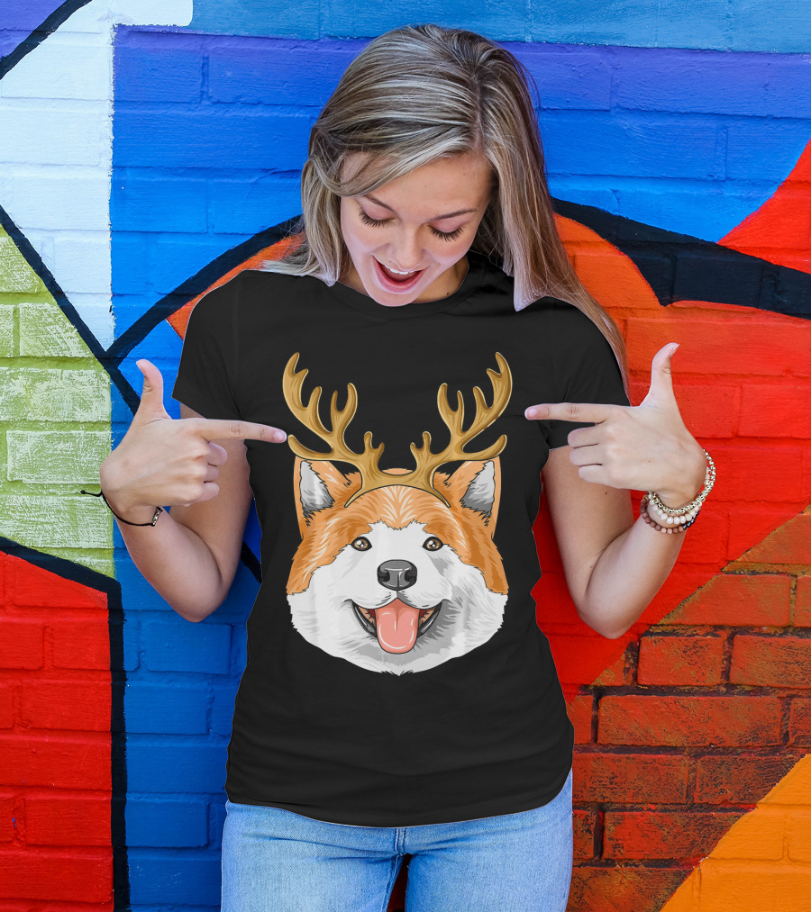 Akita Dog With Reindeer Antlers Christmas Holiday T-Shirt