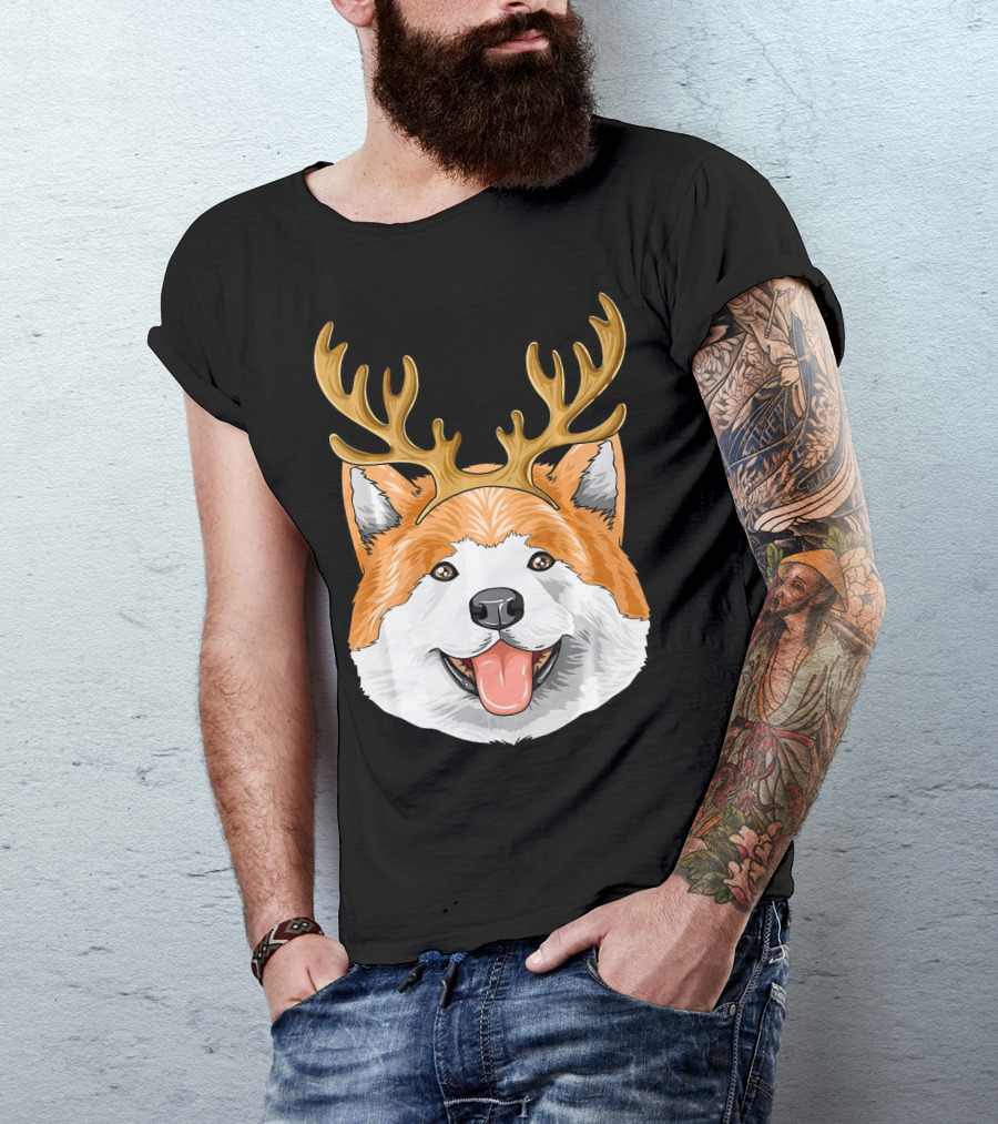 Akita Dog With Reindeer Antlers Christmas Holiday T-Shirt