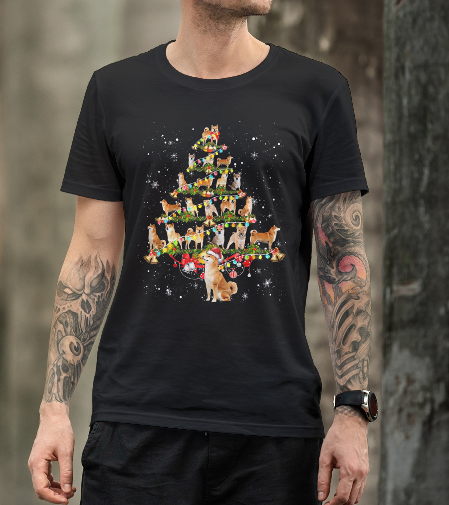 Funny Akita Dog Christmas Tree Lights And Snowflakes Xmas Co T-Shirt