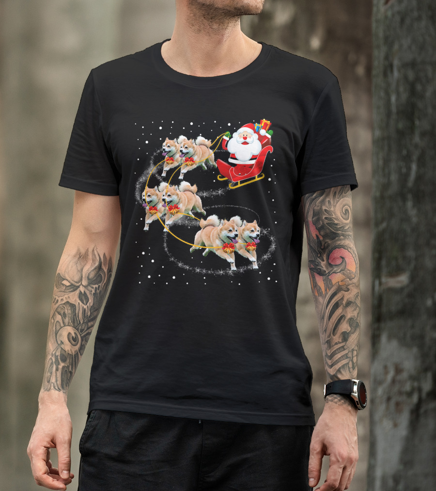 Santa's Sleigh Pulled By Akita Inu Reindeer With Christmas Cheer T-Shirt