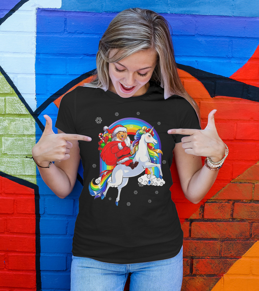 Santa Golden Retriever Riding Rainbow Unicorn With Snowflakes T-Shirt