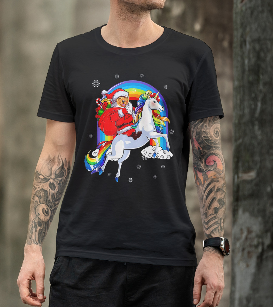 Santa Golden Retriever Riding Rainbow Unicorn With Snowflakes T-Shirt