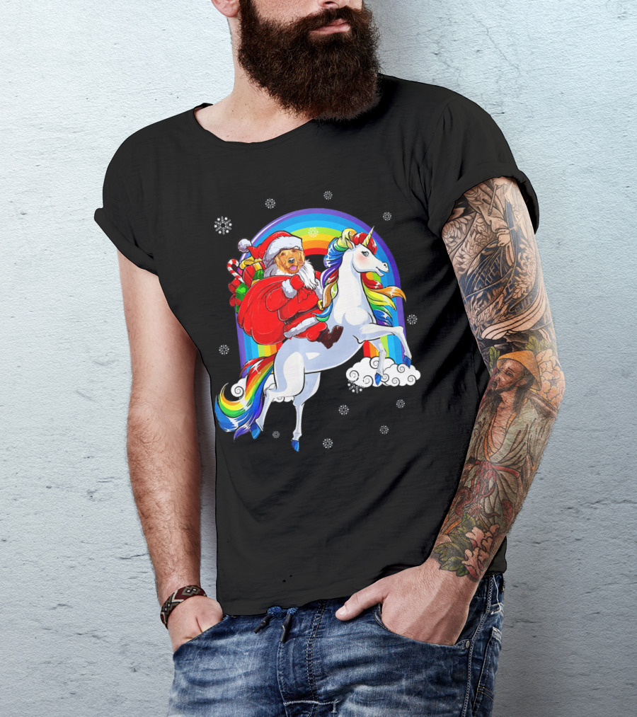 Santa Golden Retriever Riding Rainbow Unicorn With Snowflakes T-Shirt