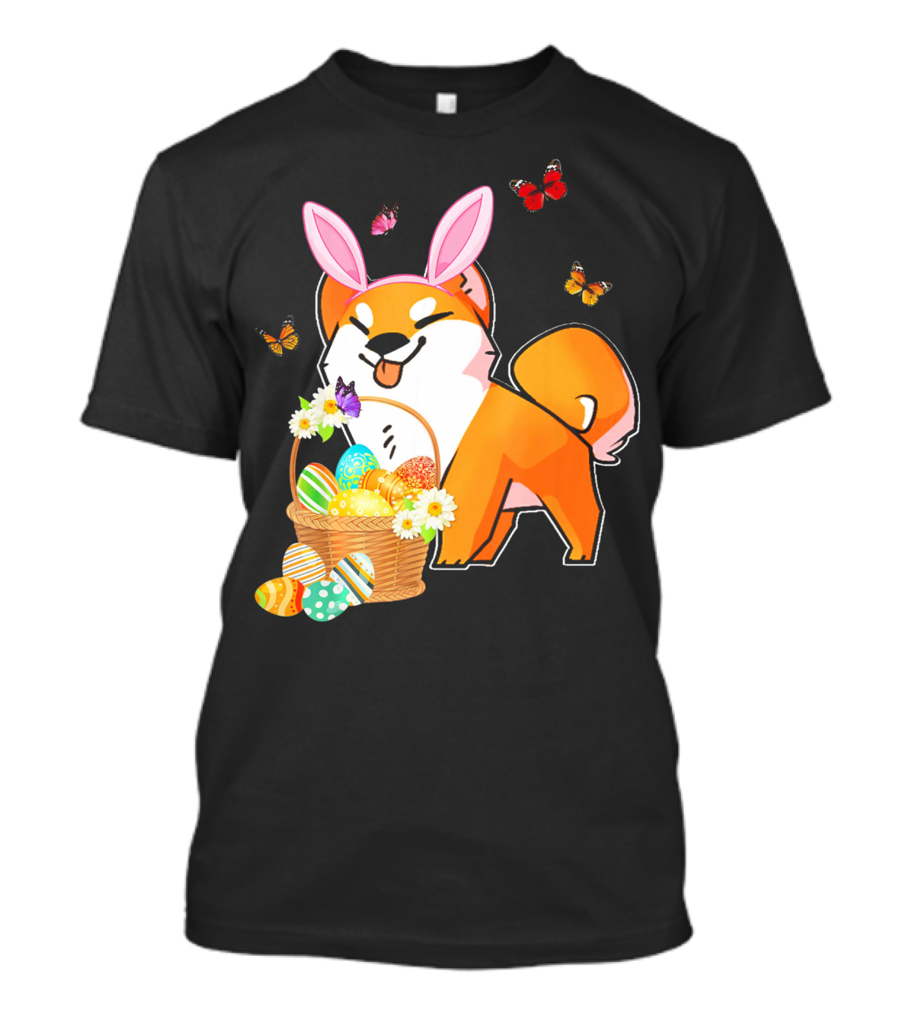 Akita Bunny Hat Easter Eggs Basket With Butterflies T-Shirt