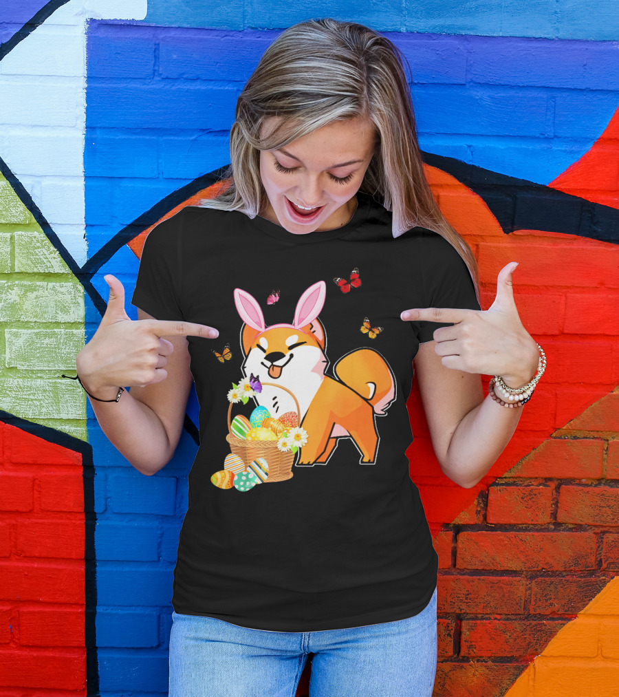 Akita Bunny Hat Easter Eggs Basket With Butterflies T-Shirt
