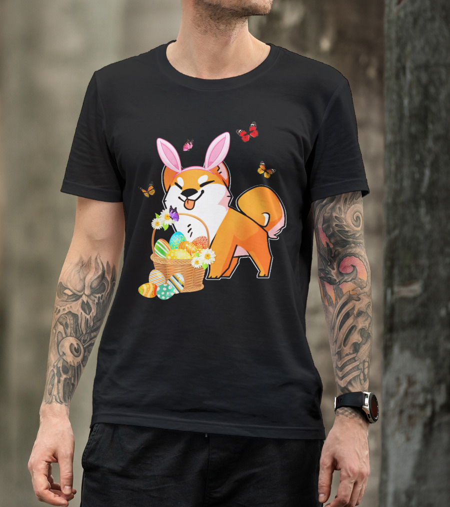 Akita Bunny Hat Easter Eggs Basket With Butterflies T-Shirt