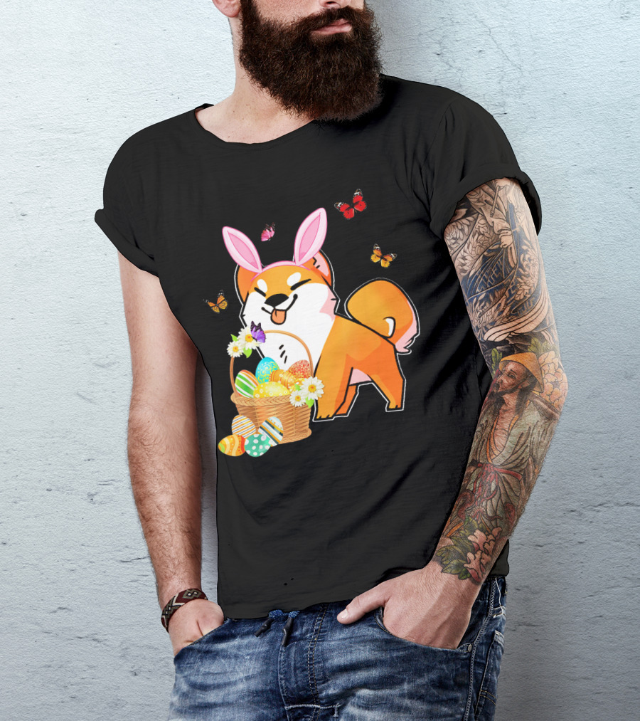 Akita Bunny Hat Easter Eggs Basket With Butterflies T-Shirt