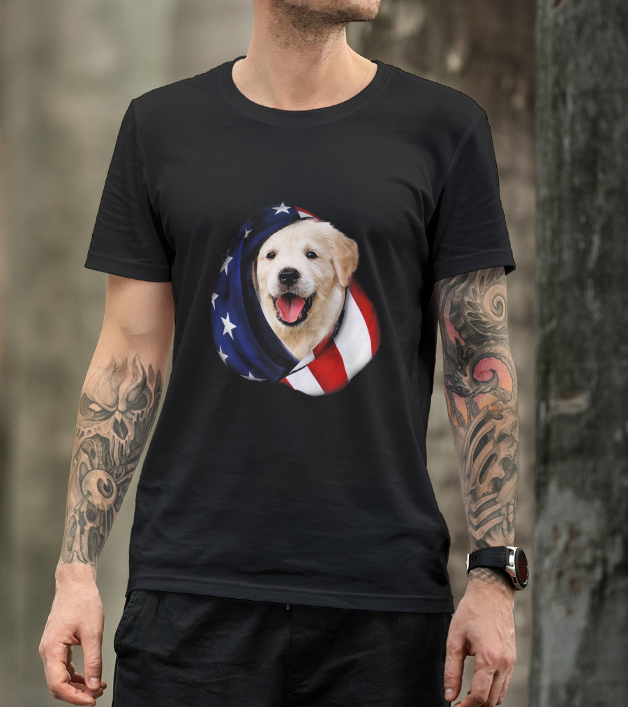 Golden Retriever Wrapped In American Flag Stars And Stripes USA T-Shirt