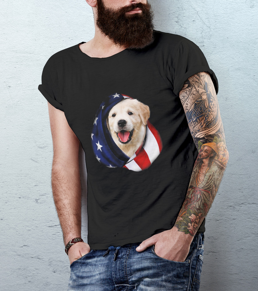 Golden Retriever Wrapped In American Flag Stars And Stripes USA T-Shirt