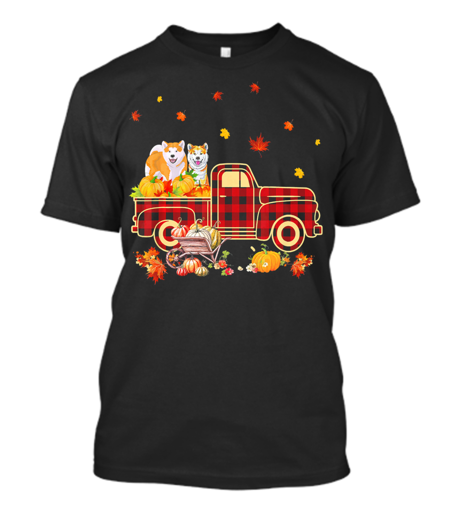 Akita Dogs Plaid Truck With Pumpkins And Fall Leaves T-Shirt