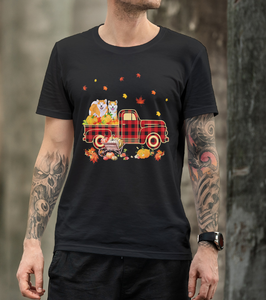 Akita Dogs Plaid Truck With Pumpkins And Fall Leaves T-Shirt