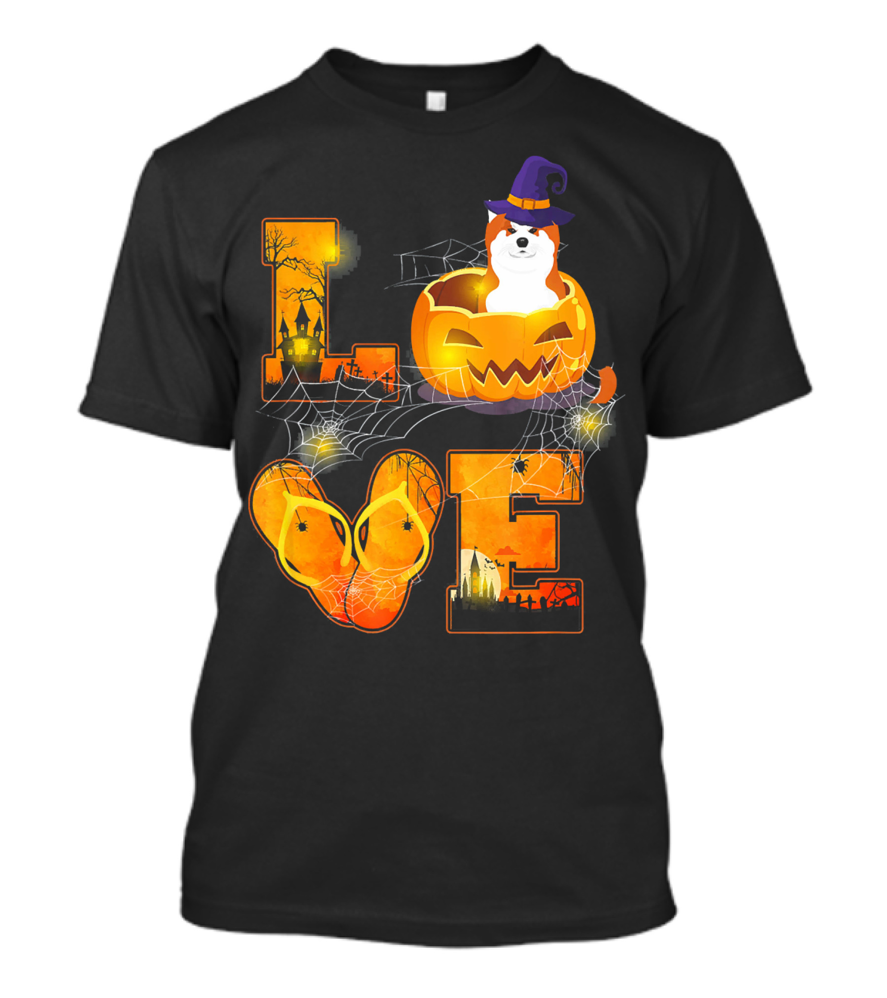 Love Halloween Funny Akita Dog In Pumpkin With Witch Hat And Webs T-Shirt