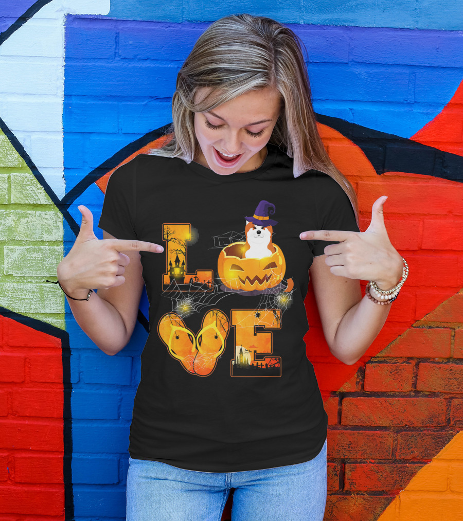 Love Halloween Funny Akita Dog In Pumpkin With Witch Hat And Webs T-Shirt