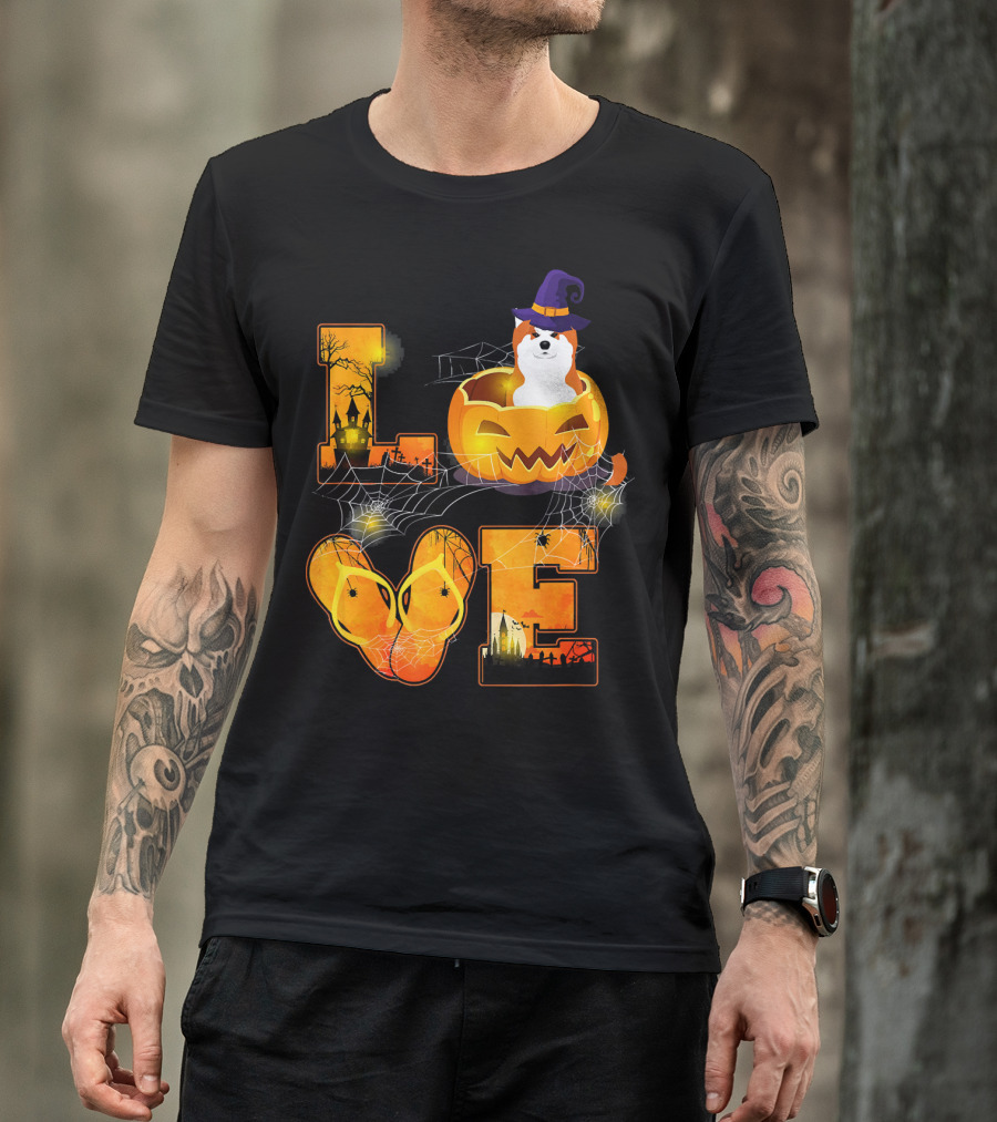 Love Halloween Funny Akita Dog In Pumpkin With Witch Hat And Webs T-Shirt