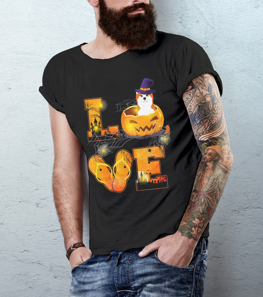 Love Halloween Funny Akita Dog In Pumpkin With Witch Hat And Webs T-Shirt