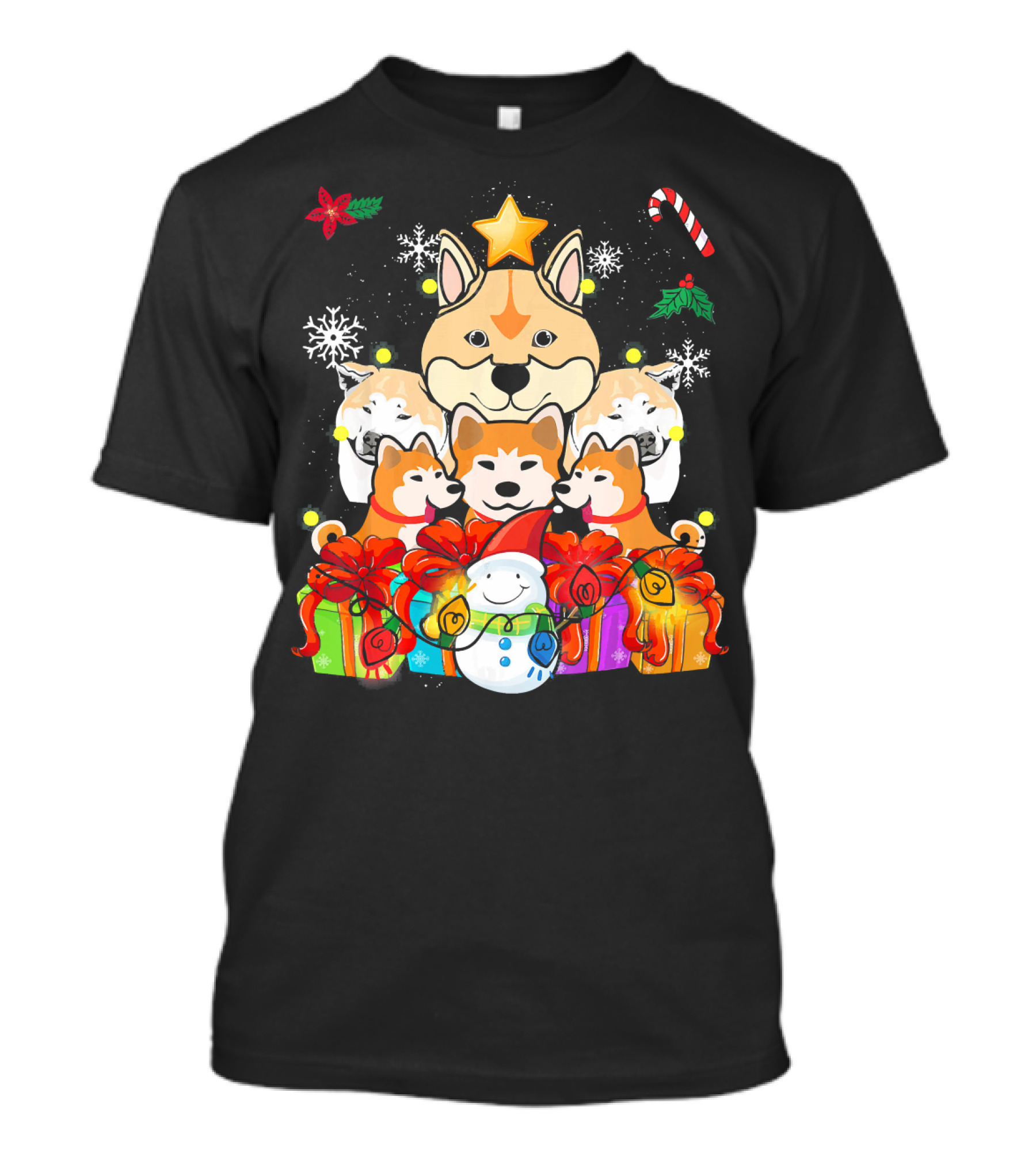 Akita Dogs Snowman Candy Cane Holiday Tree Decor T-Shirt