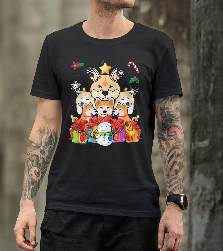 Akita Dogs Snowman Candy Cane Holiday Tree Decor T-Shirt