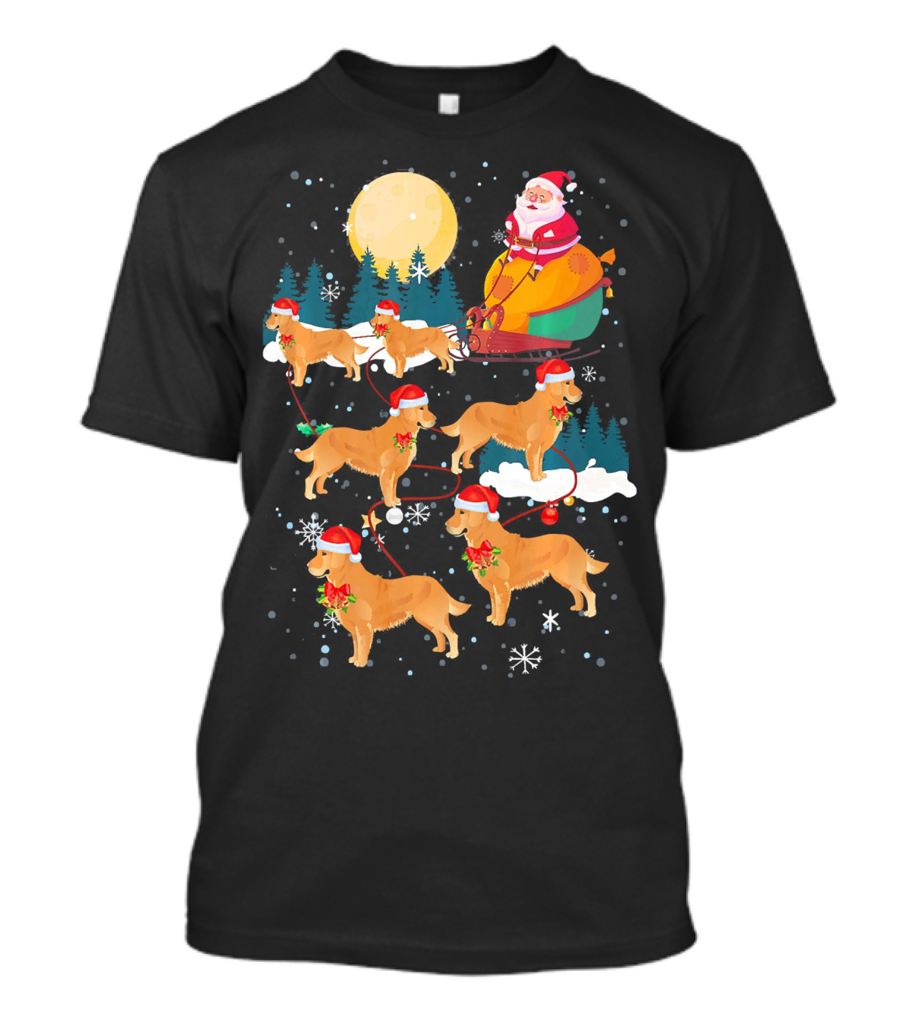 Santa Sleigh With Golden Retriever Reindeer Under Full Moon T-Shirt