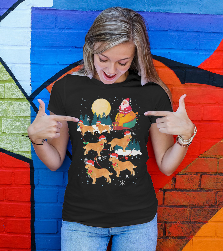 Santa Sleigh With Golden Retriever Reindeer Under Full Moon T-Shirt