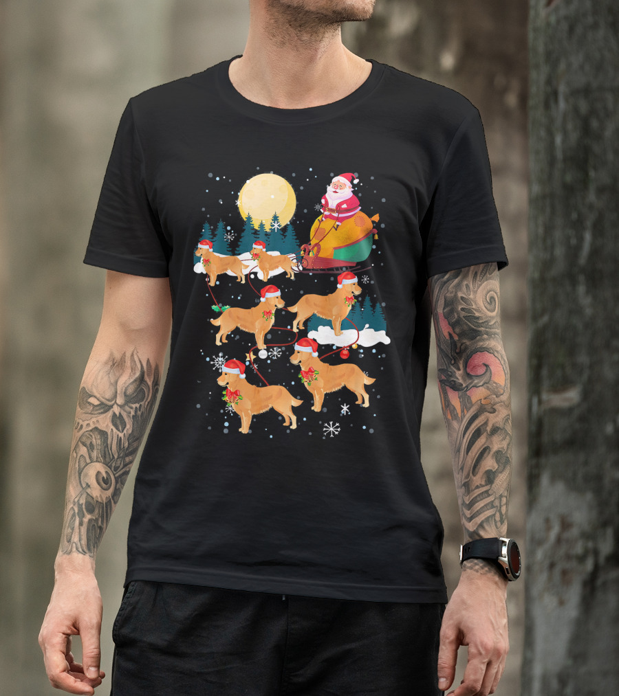 Santa Sleigh With Golden Retriever Reindeer Under Full Moon T-Shirt