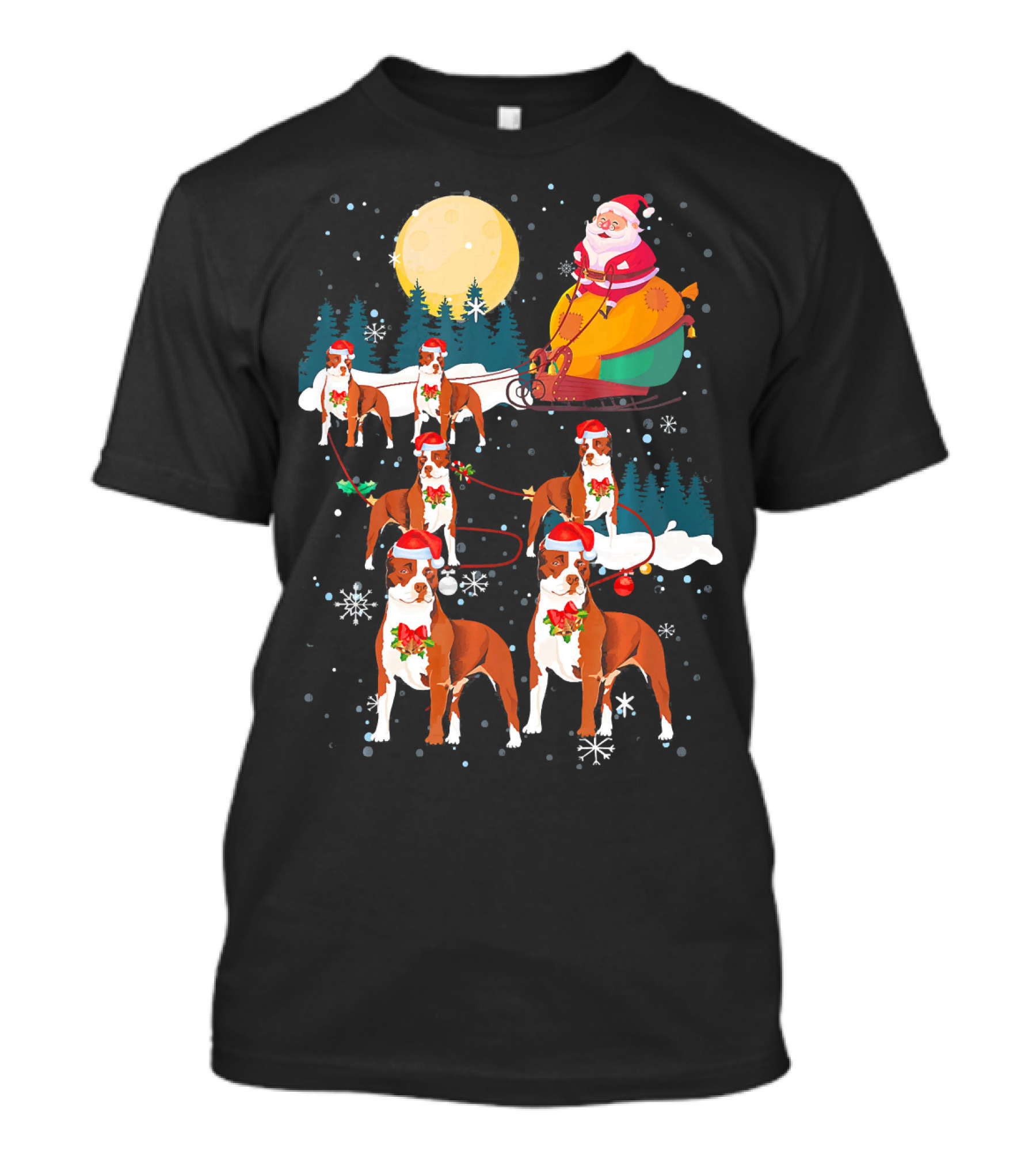 Santa Claus Sled With Pit Bull Reindeer And Christmas Snowflakes T-Shirt
