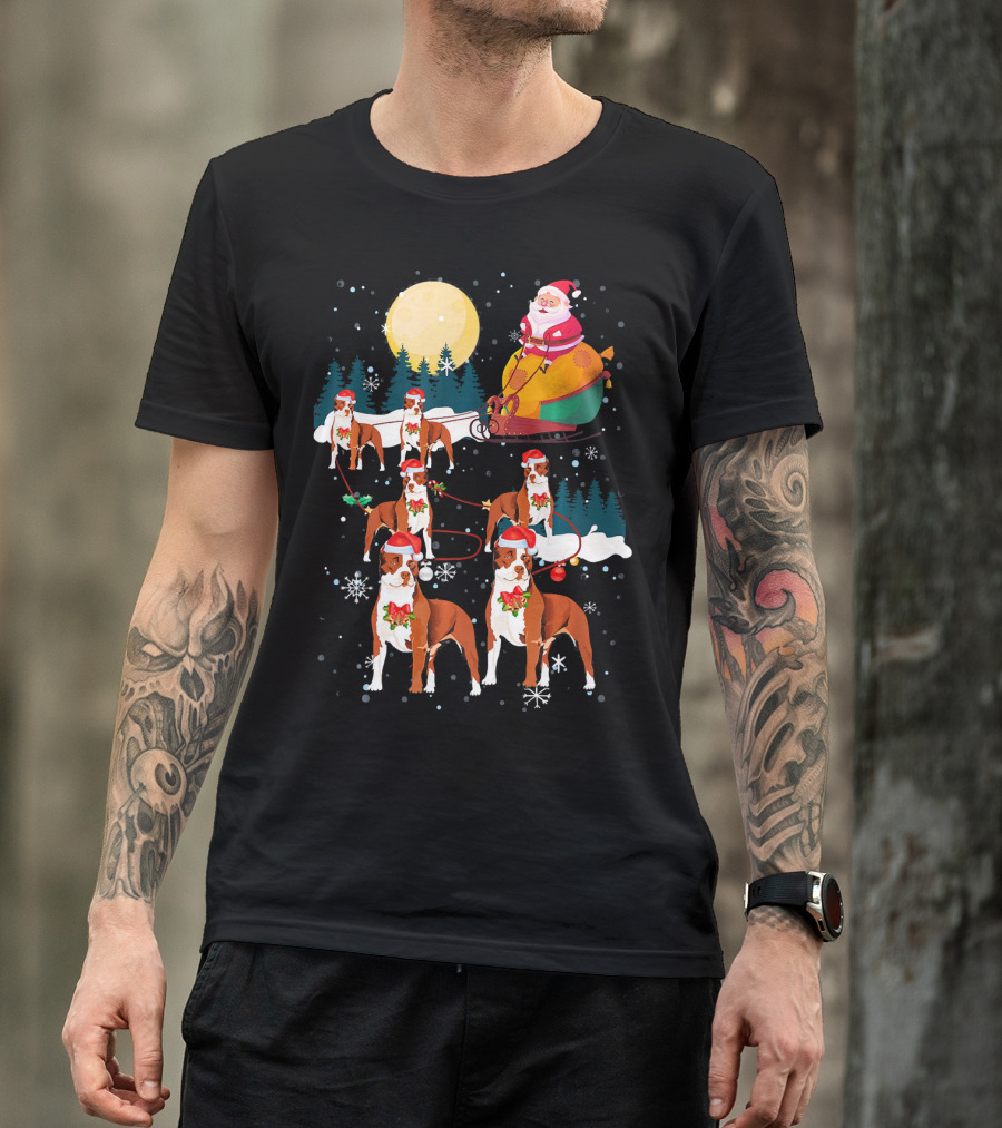 Santa Claus Sled With Pit Bull Reindeer And Christmas Snowflakes T-Shirt