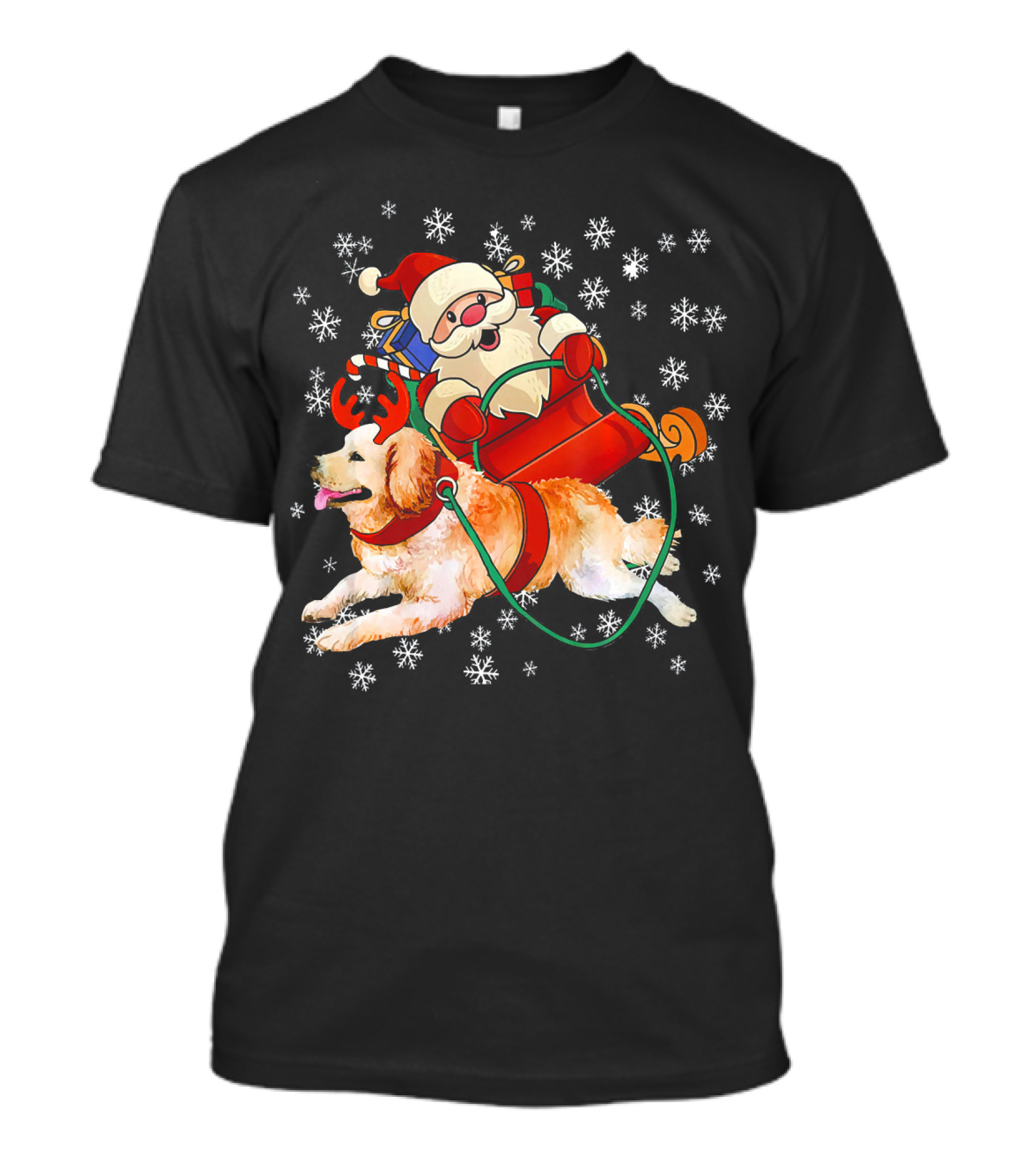 Santa Sleigh Ride With Golden Retriever Reindeer Snowflakes T-Shirt