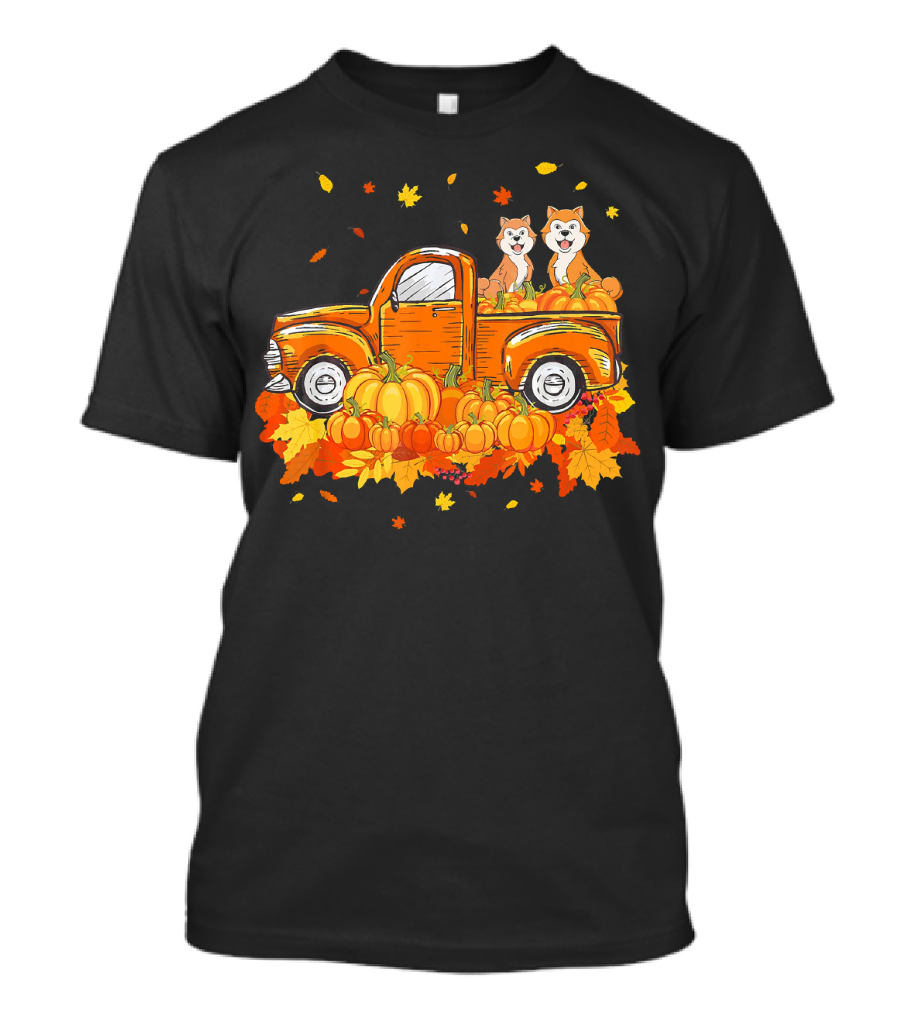 Akita Dogs With Pumpkins In Vintage Truck Halloween Scene T-Shirt