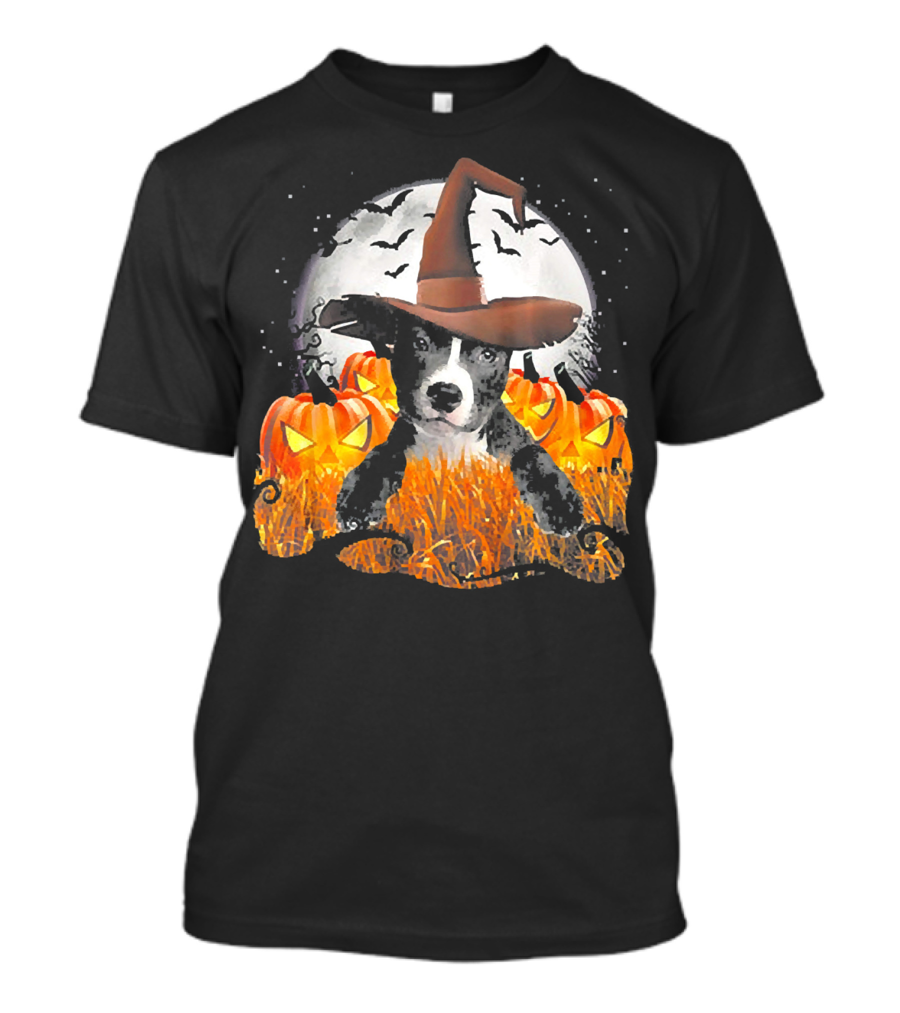 Grey Pit Bull Halloween Dog Witch With Pumpkins And Full Moon T-Shirt