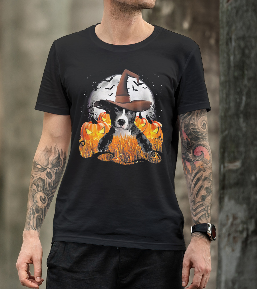 Grey Pit Bull Halloween Dog Witch With Pumpkins And Full Moon T-Shirt