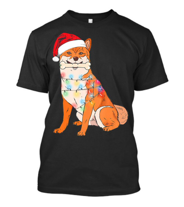 Akita Inu With Santa Hat And Christmas Lights Holding Bone T-Shirt