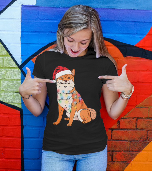 Akita Inu With Santa Hat And Christmas Lights Holding Bone T-Shirt