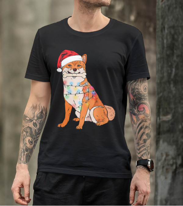 Akita Inu With Santa Hat And Christmas Lights Holding Bone T-Shirt