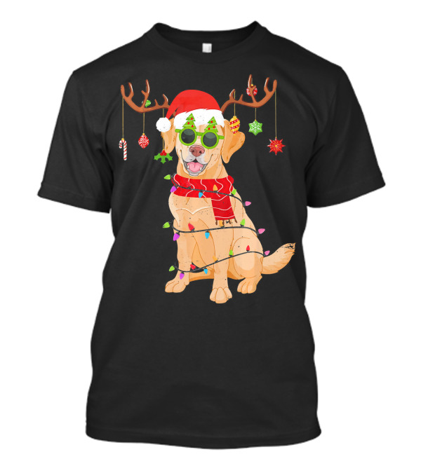 Funny Golden Retriever Christmas Reindeer Santa Hat And Lights T-Shirt