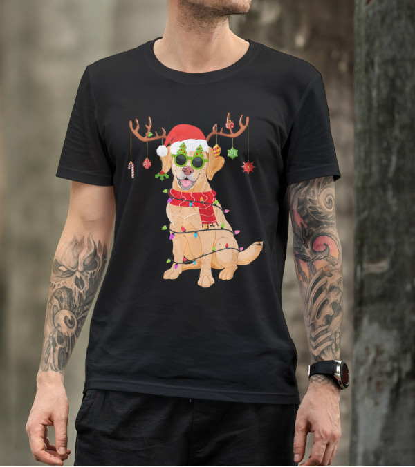Funny Golden Retriever Christmas Reindeer Santa Hat And Lights T-Shirt