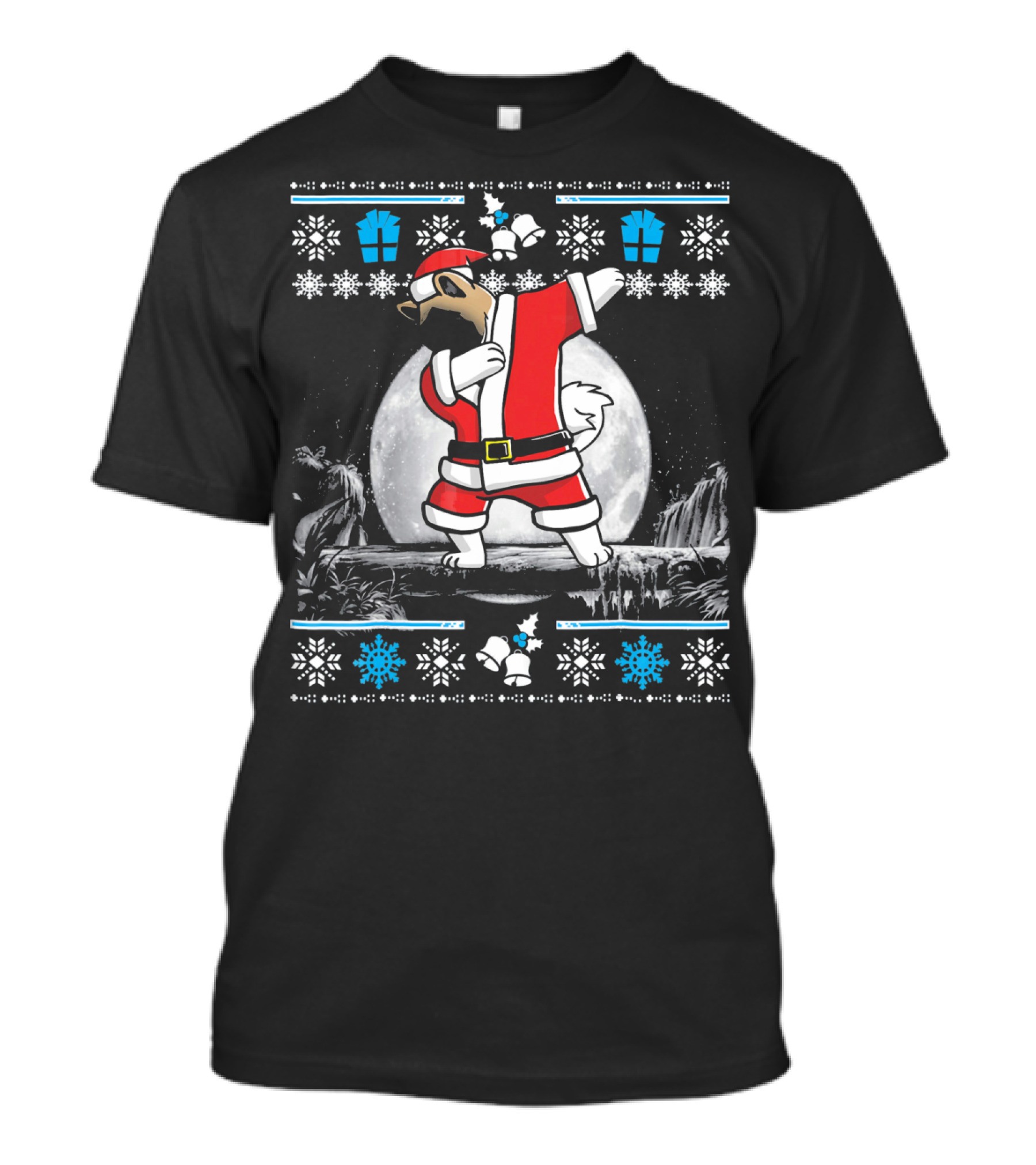 Akita Dog Dabbing In Santa Claus Outfit With Moon And Snowflakes T-Shirt