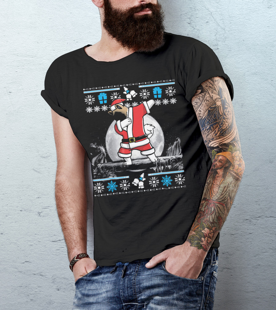 Akita Dog Dabbing In Santa Claus Outfit With Moon And Snowflakes T-Shirt